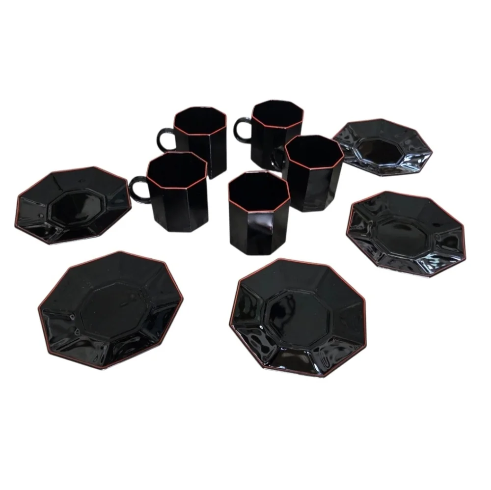 VTG 80s Arcoroc France Black Glass Octagon Demitasse Cup Saucer 5 Sets‎ Red Trim